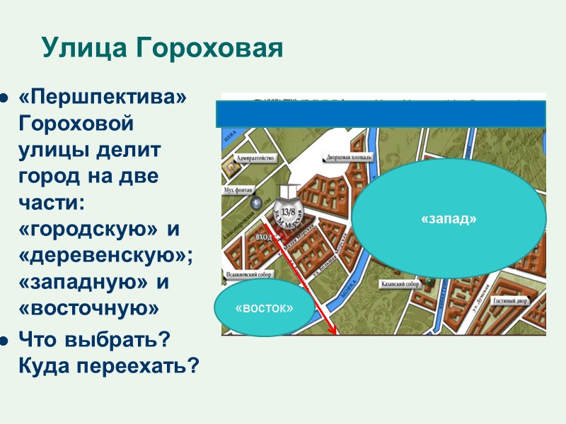 Улица Гороховая «Першпектива» Гороховой улицы делит город на две части: «городскую» и «деревенскую»; «западную»